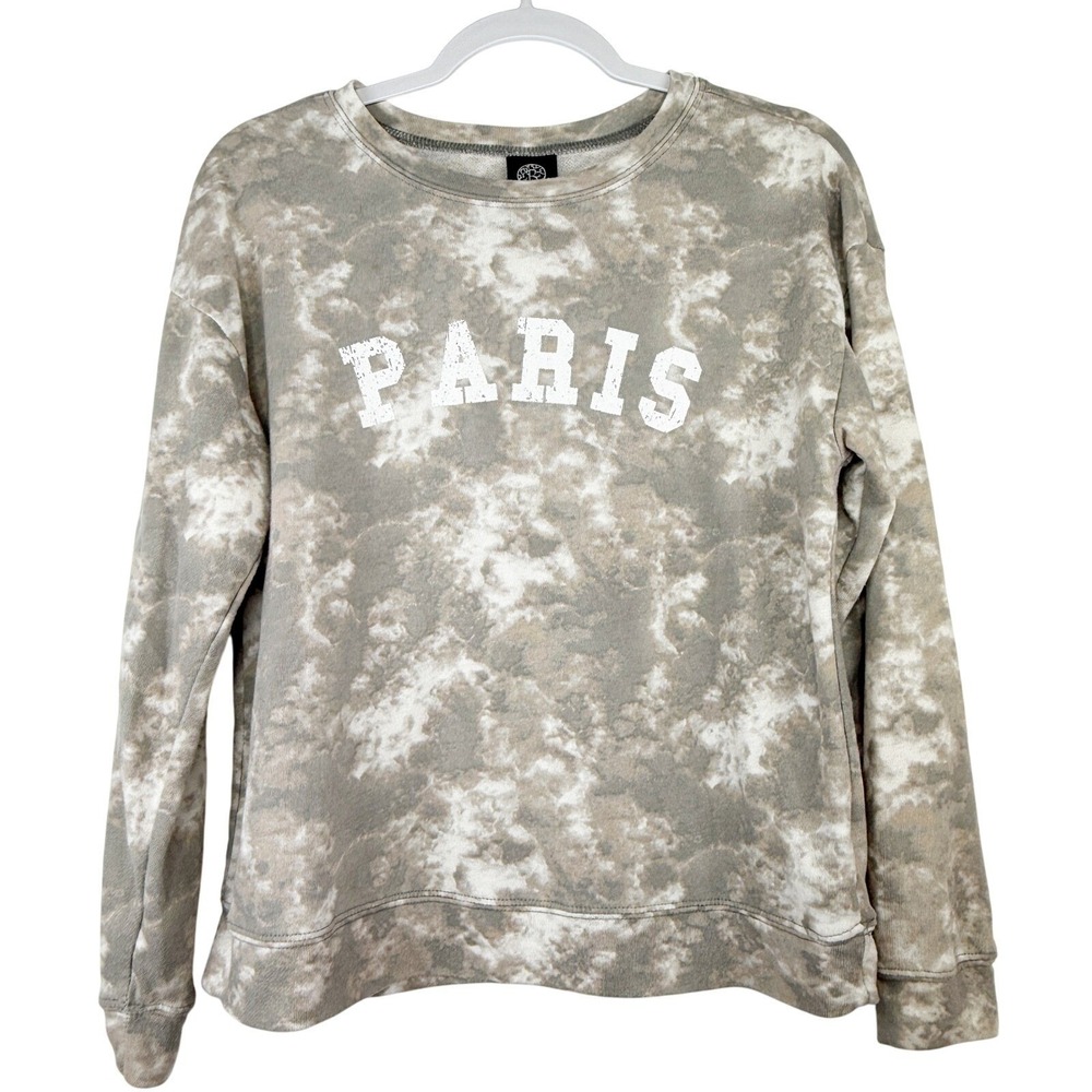 Bobeau Paris Graphic Sweatshirt Grey White Tie Dye Crew Neck Pullover Small